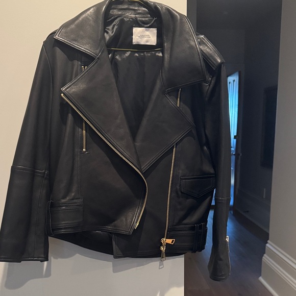 DOROTHEE SCHUMACHER Jackets & Blazers - Womens Black Leather Moto Jacket with Zip Detail